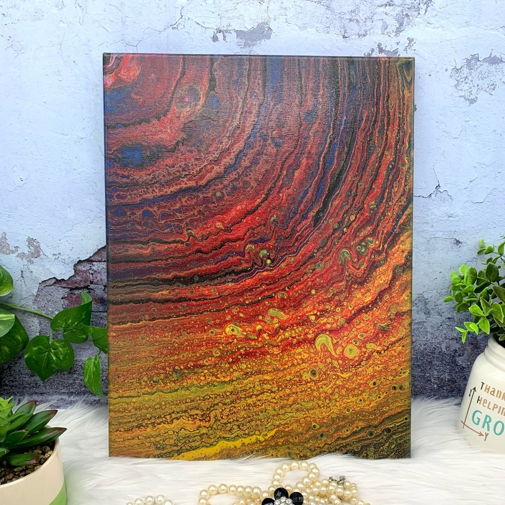 Red, yellow, black Abstract acrylic Fluid Pour Art Unique Wall Art